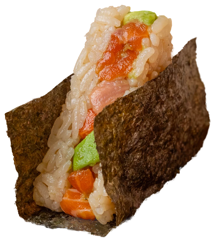 Onigo de salmón y palta envuelto en nori